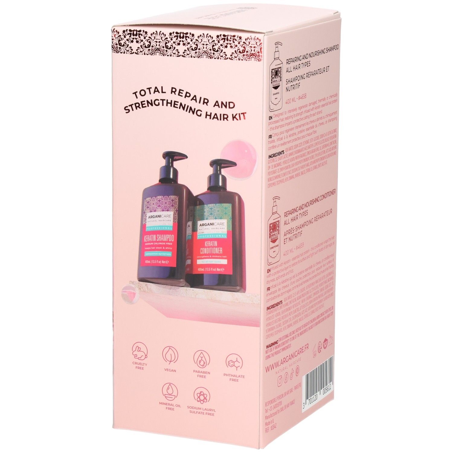 Boîte Duo Arganicare Kératine, côté avec inscription "Total Repair and Strengthening Hair Kit".