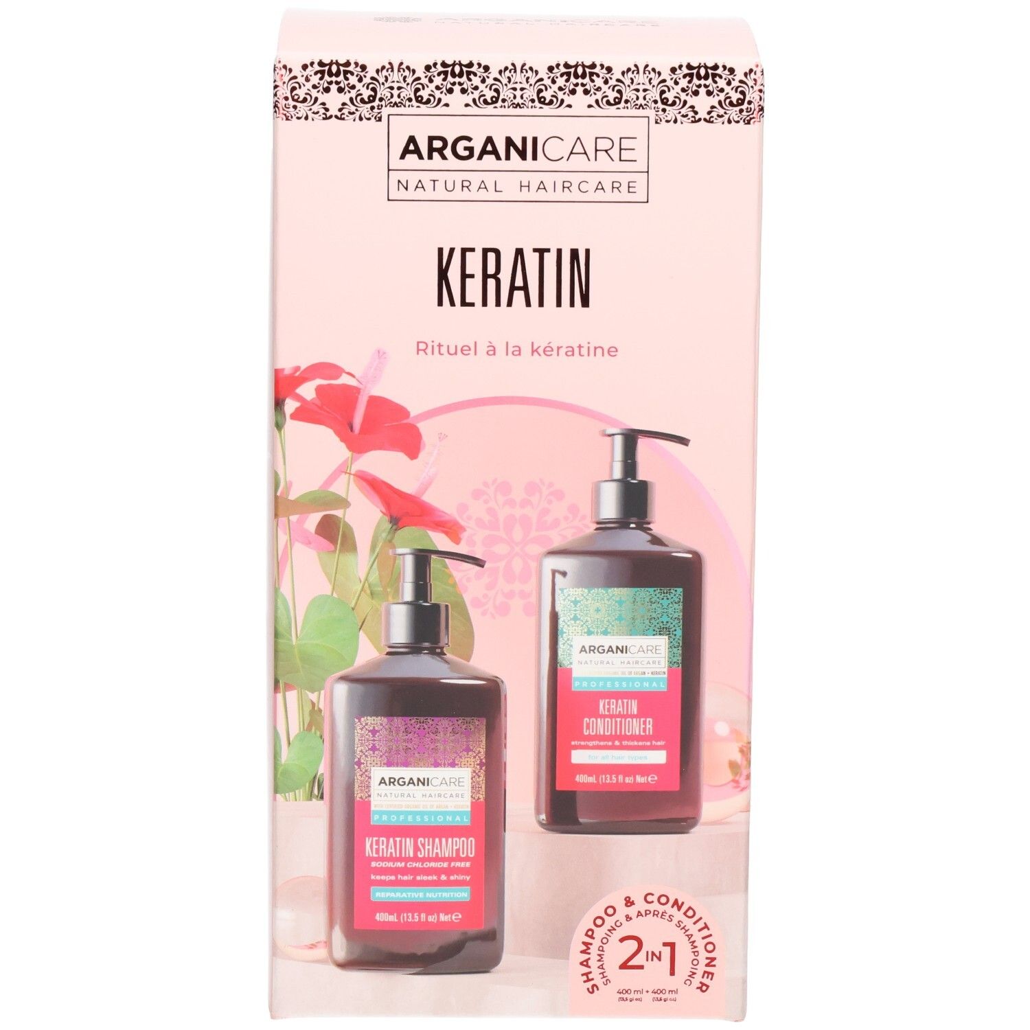 Boîte Duo Arganicare Kératine avec shampoing et après-shampoing. Emballage rose avec illustrations du produit.