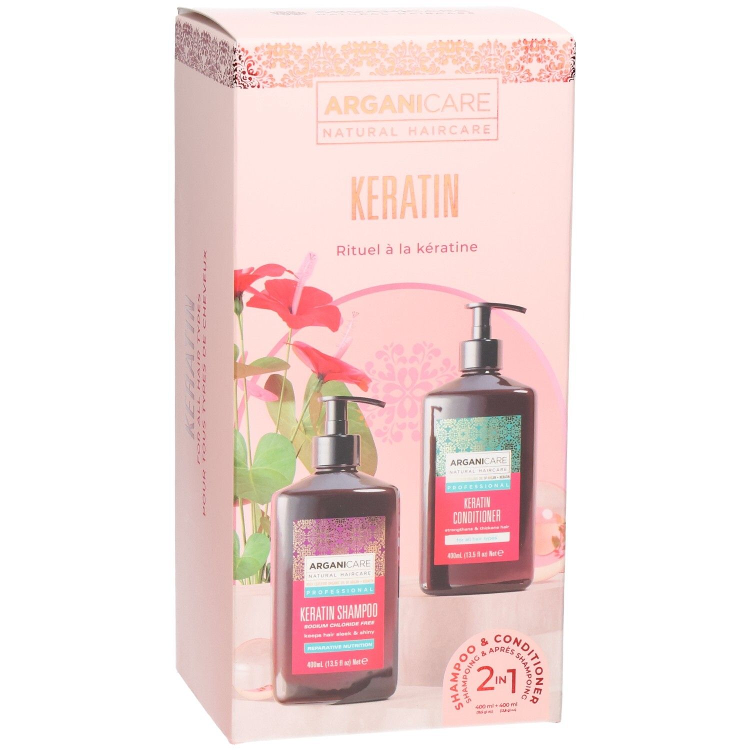 Boîte Duo Arganicare Kératine avec shampoing et après-shampoing. Emballage rose avec illustrations du produit.