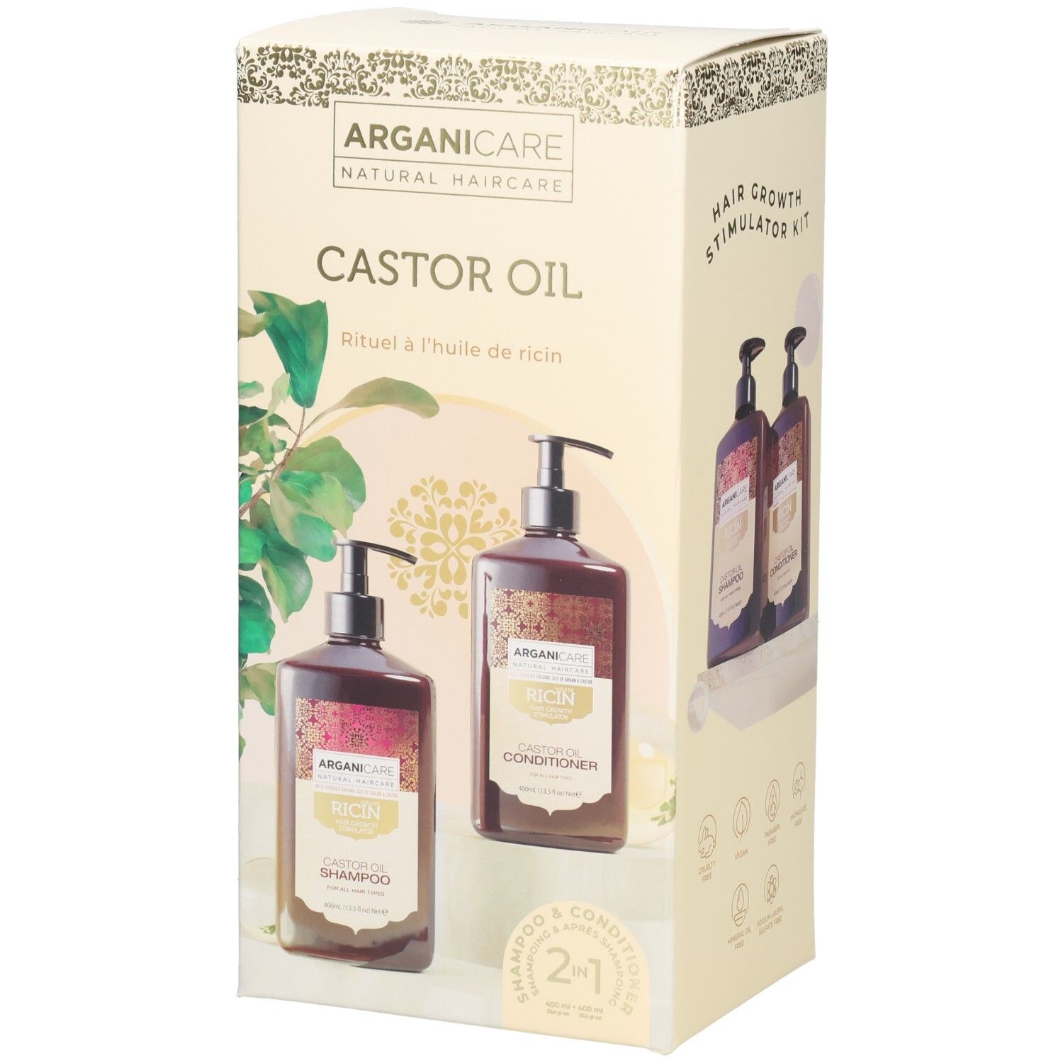Kit Arganicare Huile de Ricin pour la croissance des cheveux avec shampooing et après-shampooing.