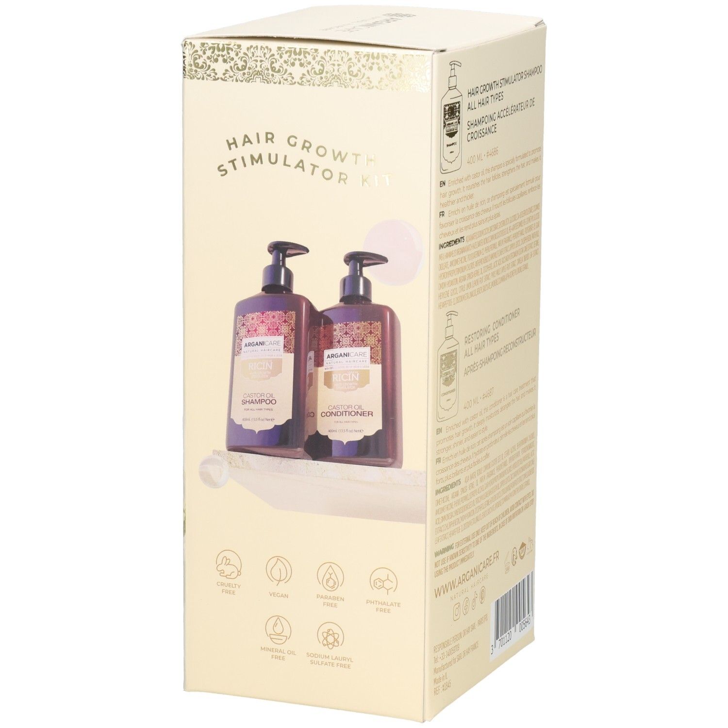Kit stimulateur de croissance capillaire avec shampoing et après-shampoing dans des flacons pompe sur un emballage cartonné.