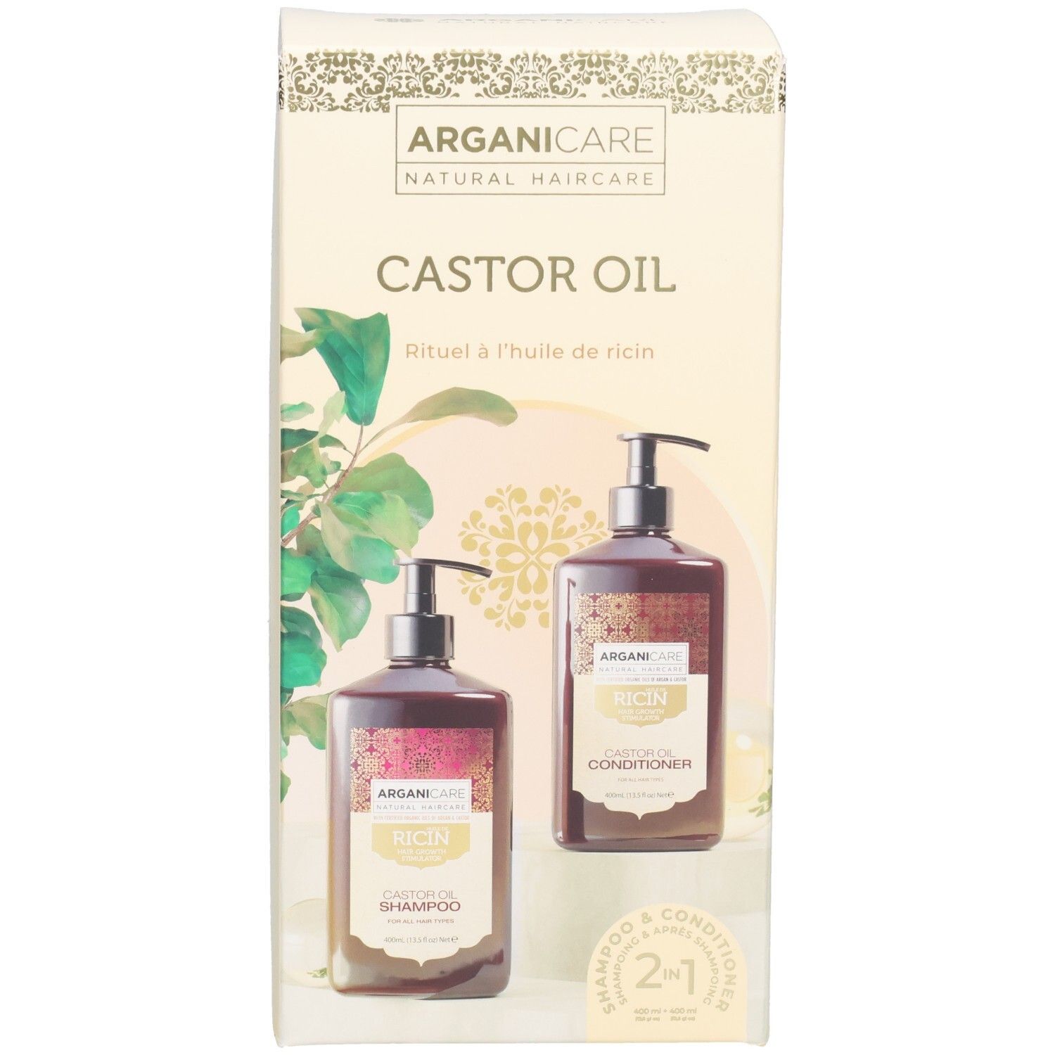 Set Arganicare Huile de Ricin avec shampooing et après-shampooing en flacons pompe.