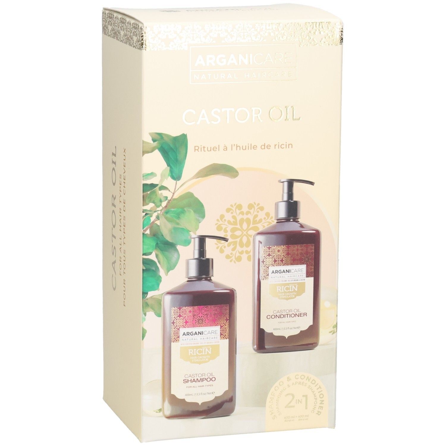 Coffret cadeau avec deux flacons pompe bruns (shampoing, après-shampoing) dans une boîte en carton.