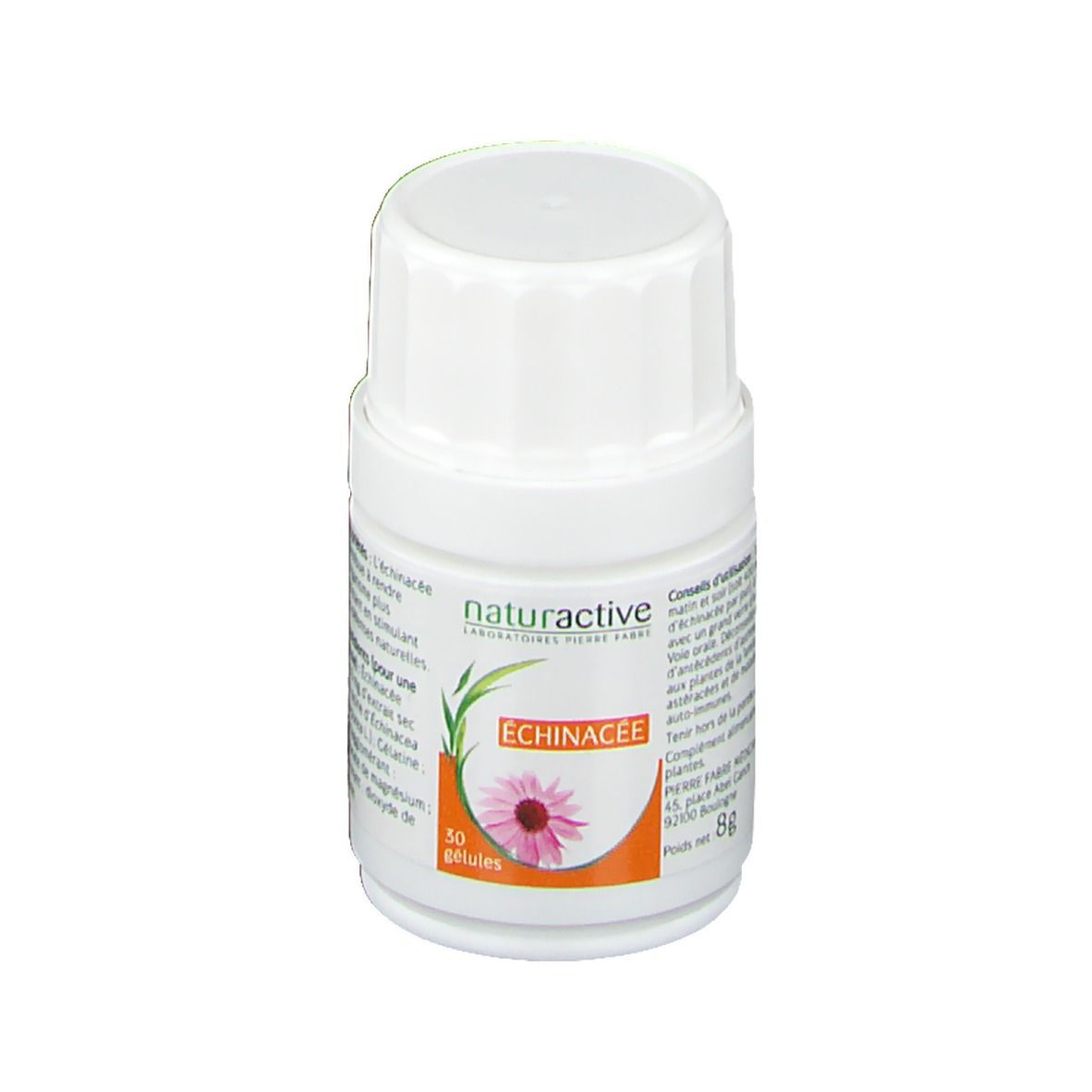 Boîte de 30 gélules Naturactive Echinacée. Boîte blanche avec étiquette orange et fleur d'échinacée.