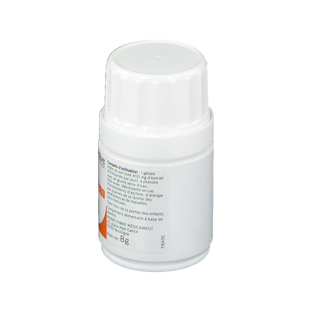 Arrière d'une boîte de gélules Naturactive Echinacée avec instructions d'utilisation et poids (8g).