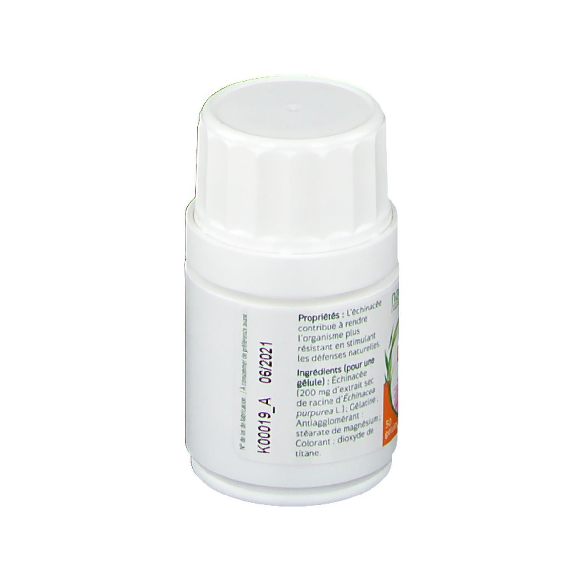 Vue latérale d'une boîte de gélules Naturactive Echinacée avec numéro de lot et date de péremption (06/2021).