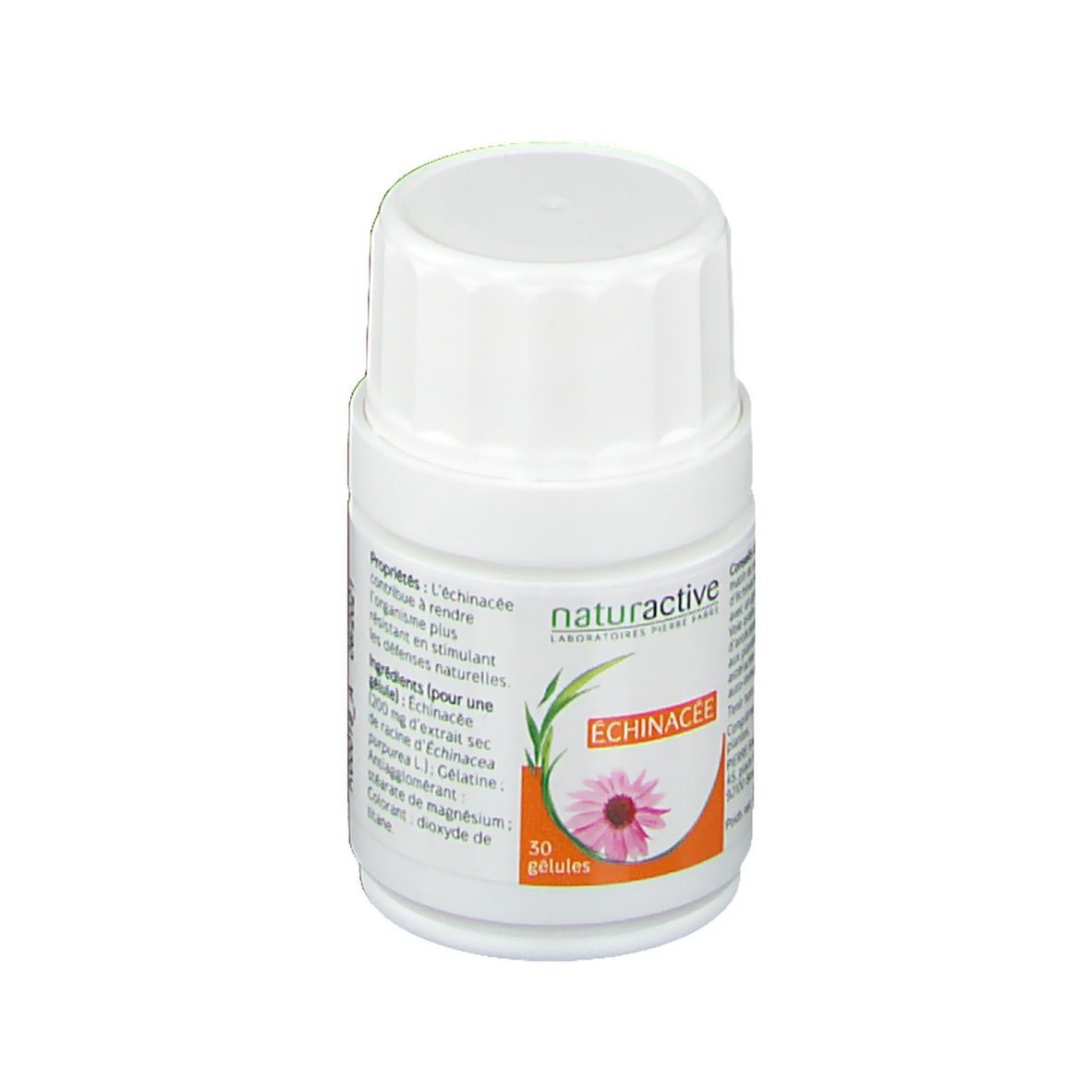 Boîte de 30 gélules Naturactive Echinacée. Boîte blanche avec étiquette orange et fleur d'échinacée.