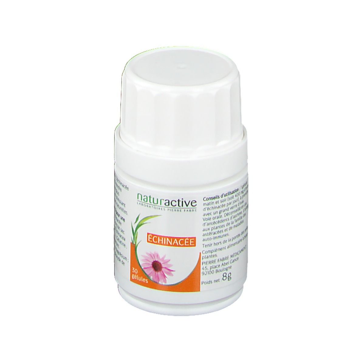 Boîte de 30 gélules Naturactive Echinacée. Boîte blanche avec étiquette orange et fleur d'échinacée.