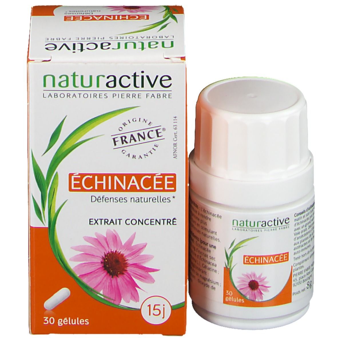 Emballage de gélules Naturactive Echinacée avec boîte et carton. Contient 30 gélules.