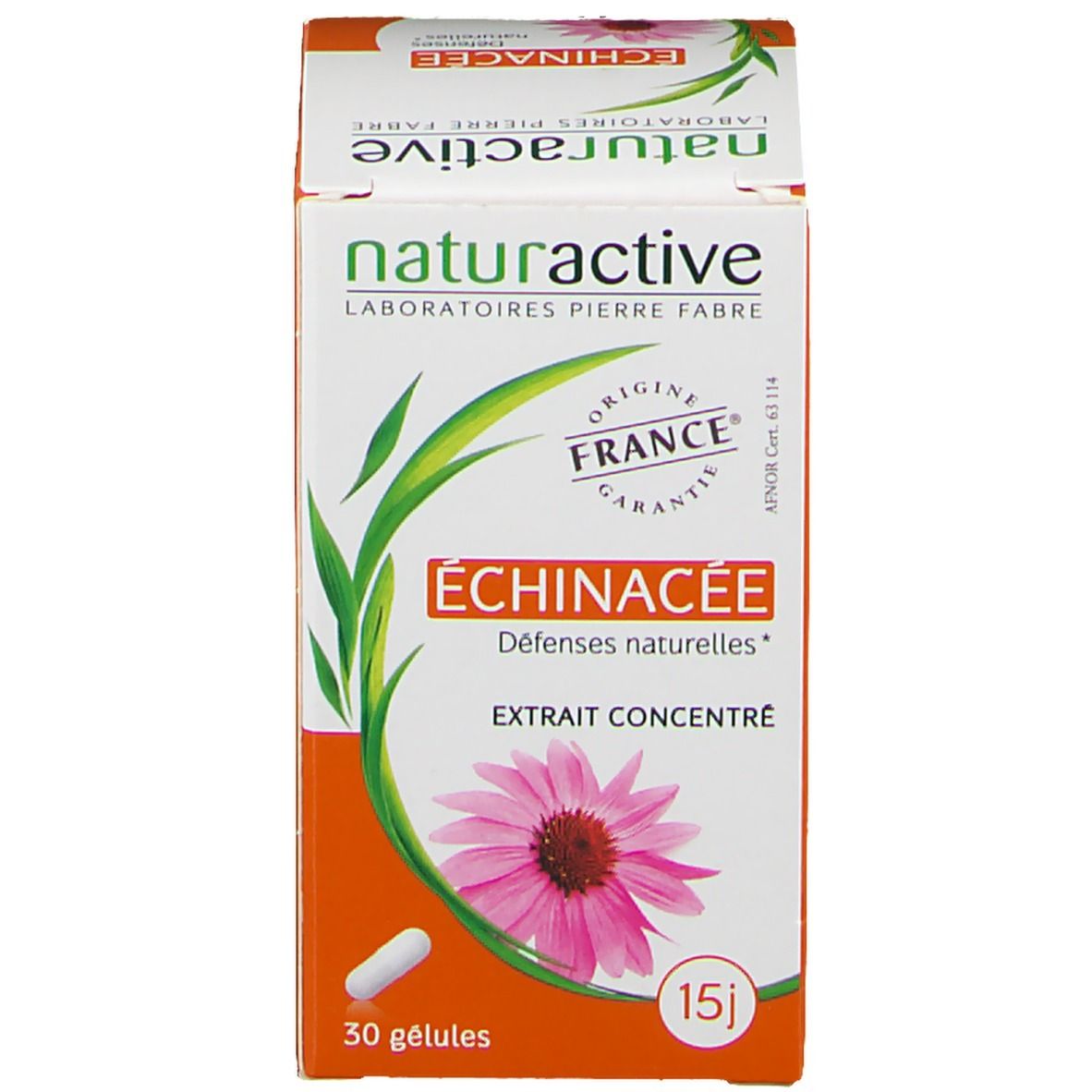 Emballage de gélules Naturactive Echinacée avec boîte et carton. Contient 30 gélules.