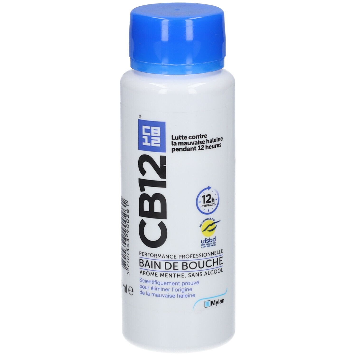 Bain de bouche CB12, menthe, sans alcool. Avec logo, symbole 12h et mention "Mylan".