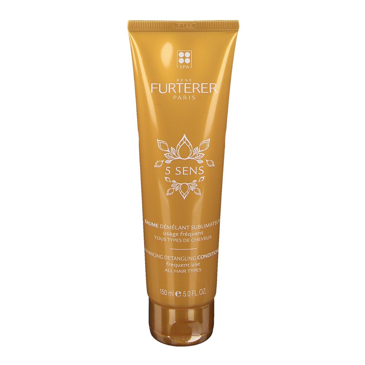 Tube doré. Inscriptions: FURTERER PARIS, 5 SENS, Baume démêlant pour tous types de cheveux. 150 ml.