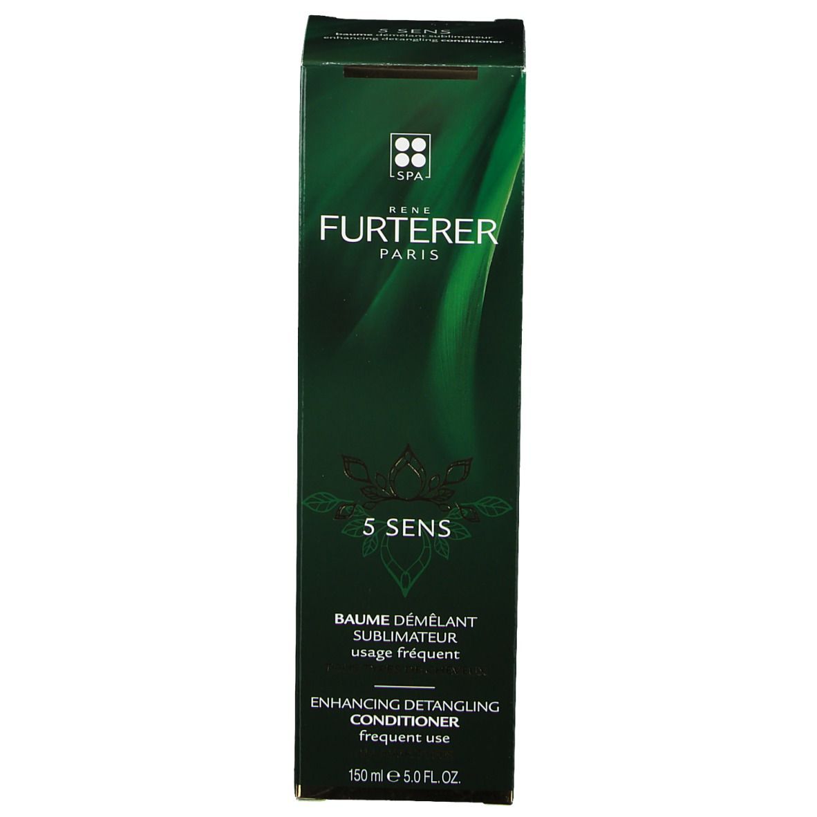 Emballage vert. Inscriptions: FURTERER PARIS, 5 SENS, Baume démêlant pour tous types de cheveux. 150 ml.