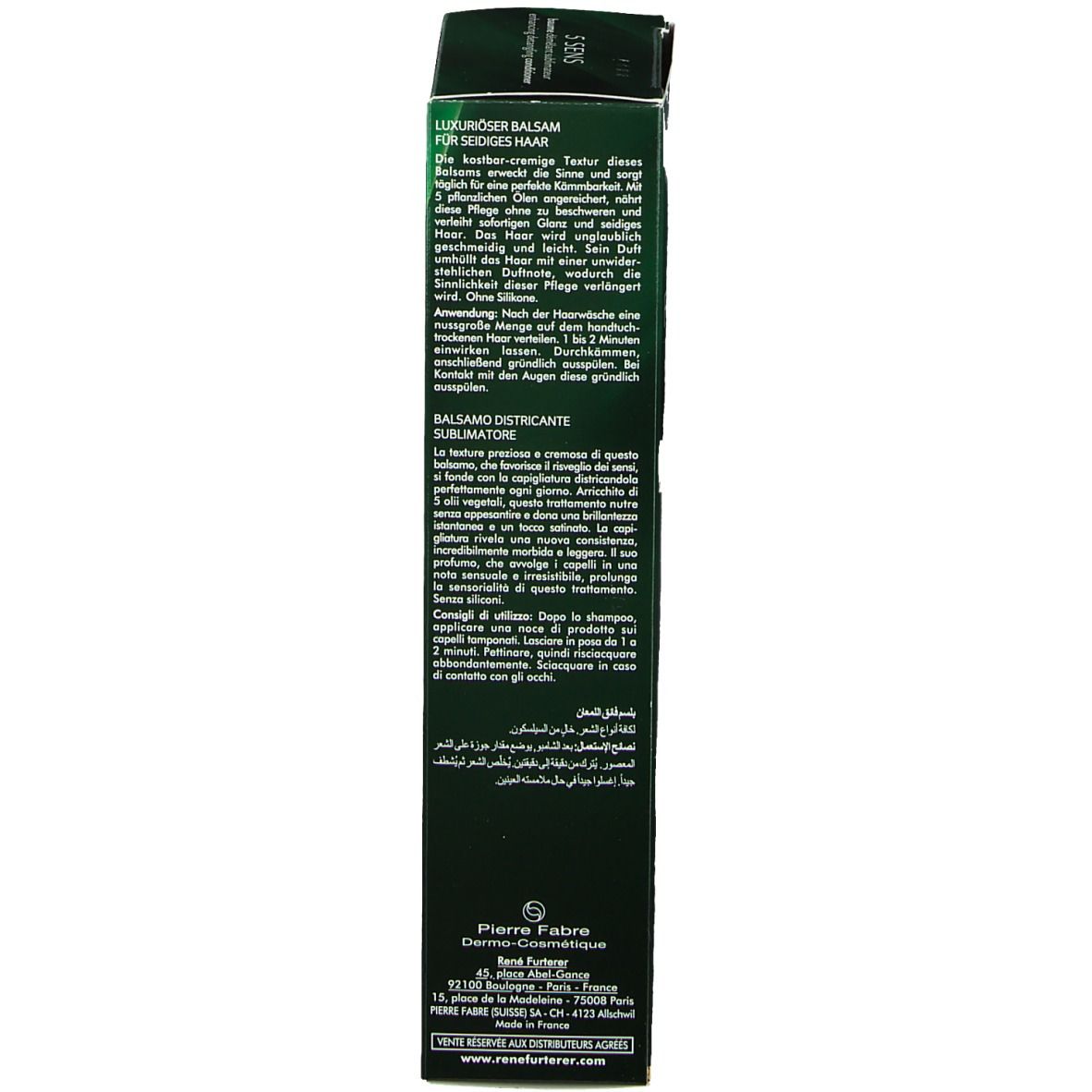 Dos de l'emballage vert. Texte multilingue. Informations du fabricant.