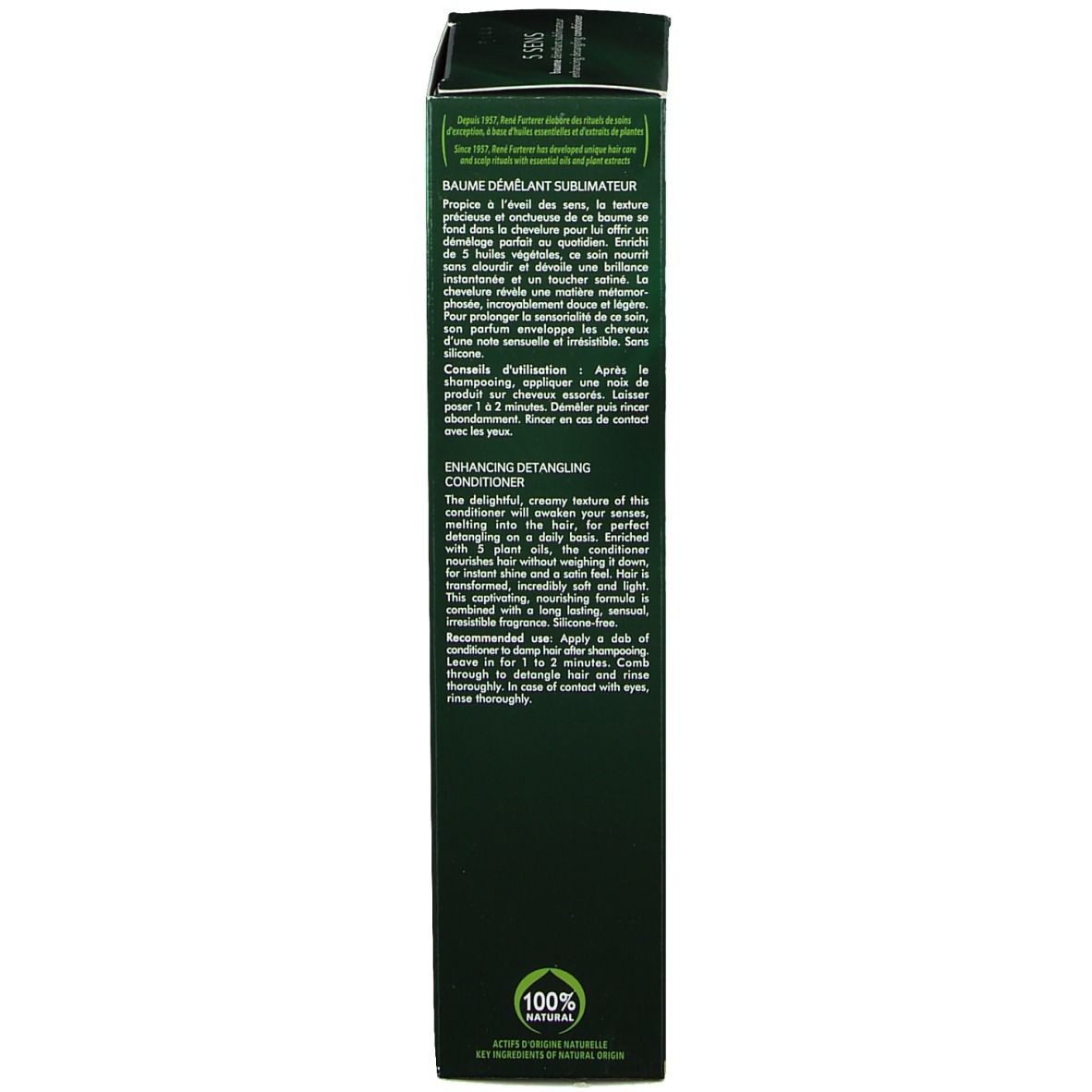 Côté de l'emballage vert. Texte multilingue. Informations du fabricant.