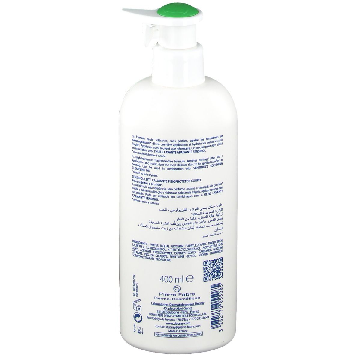 Dos du flacon blanc. Texte multilingue. Ingrédients, informations fabricant. 400 ml.