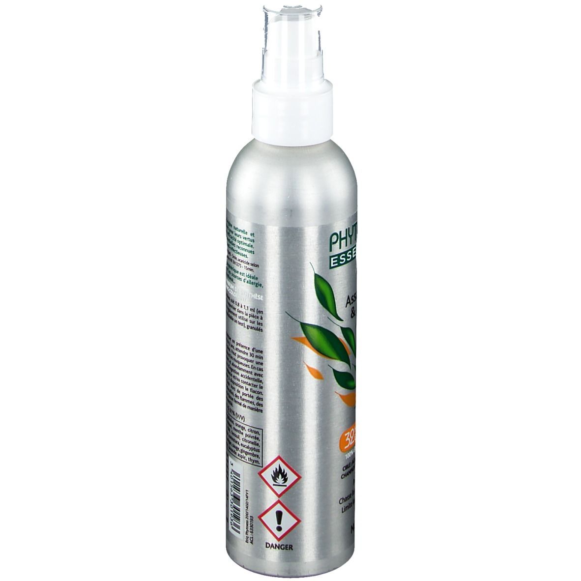 Flacon spray argenté avec tête blanche. Inscription: Phytorigin Essentielle, Spray Assainissant & Purifiant. Symboles de danger.