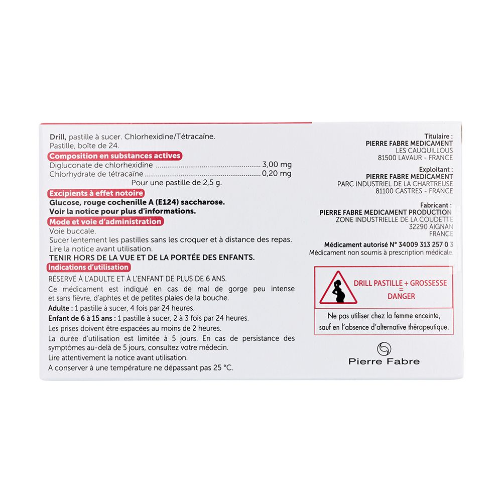 Dos de la boîte Drill. Contient des informations sur les ingrédients, le dosage et les avertissements.