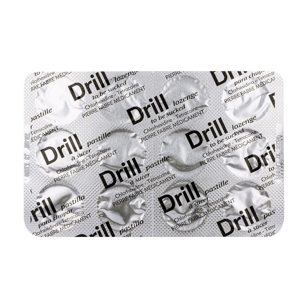 Plaquette de pastilles Drill. Inscription Drill et désignation pastilles.