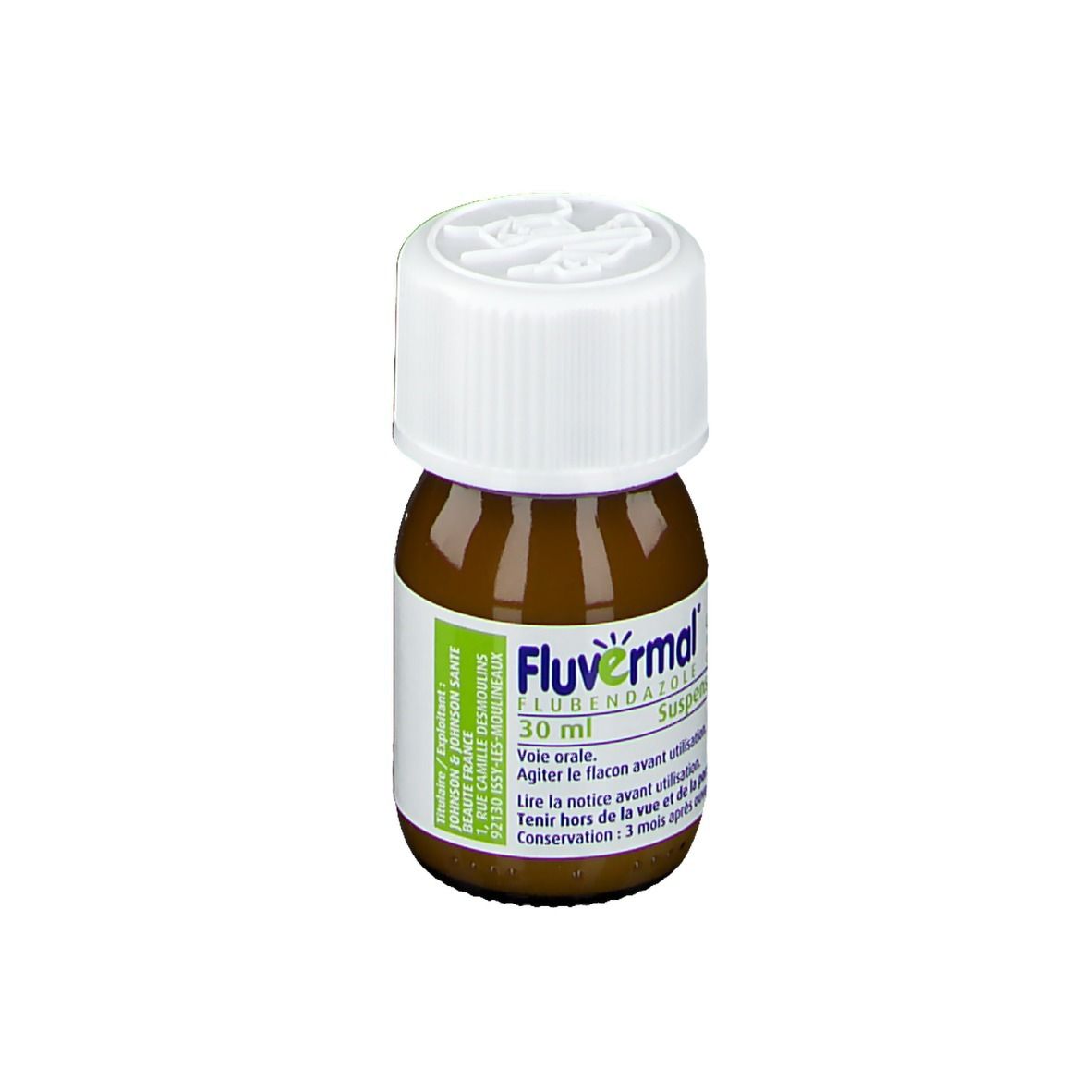 Flacon brun Fluvermal, flubendazole 30 ml. Bouchon blanc. Suspension orale. Instructions.