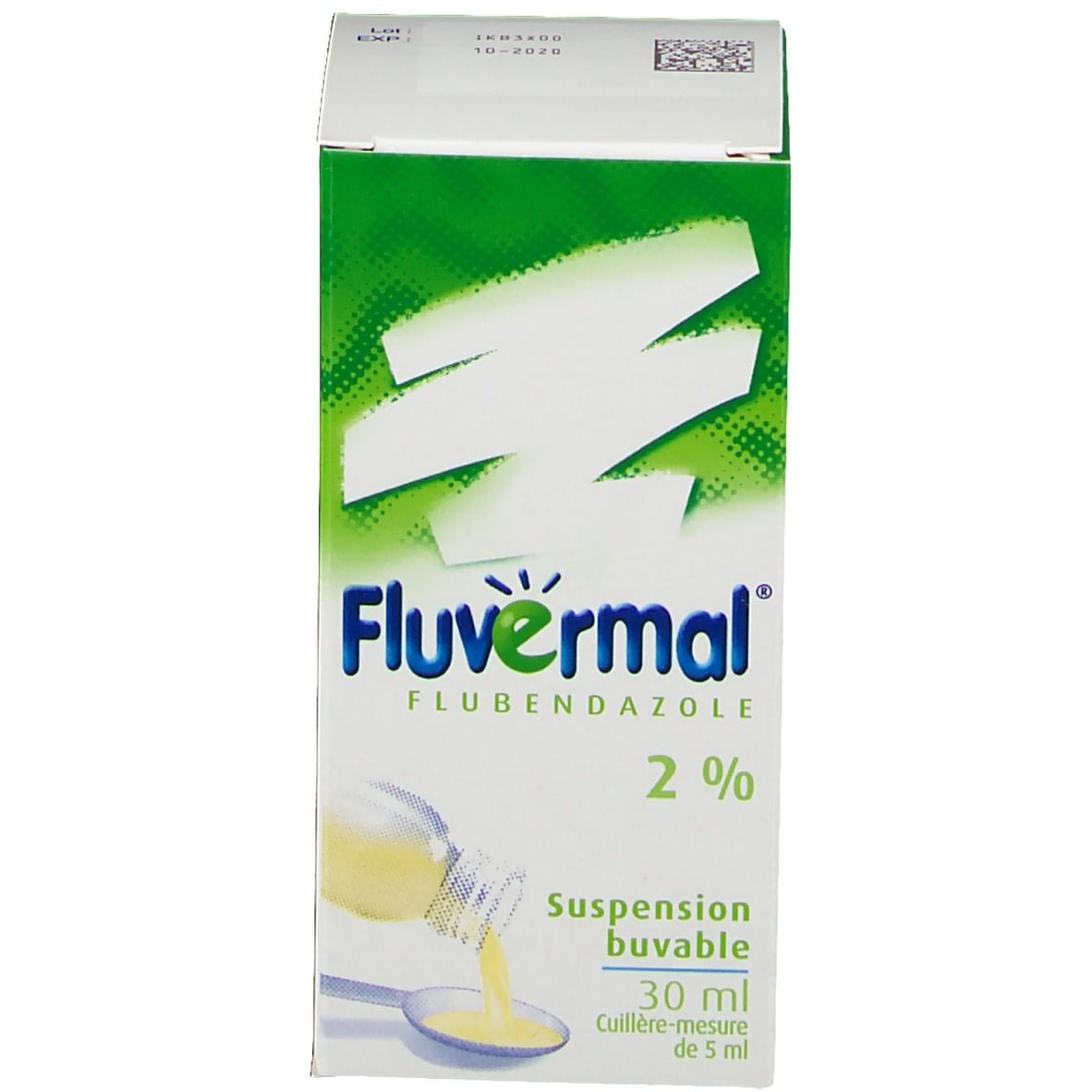 Emballage Fluvermal. Flubendazole 2%. 30 ml. Suspension orale. Cuillère-mesure.