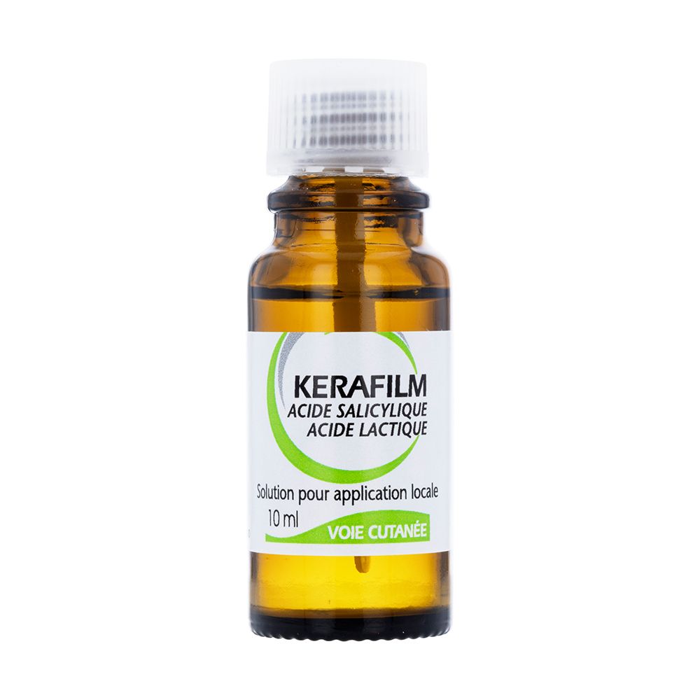 Flacon de Kerafilm. Verre brun avec bouchon blanc. Inscription: Acide Salicylique, Acide Lactique. 10 ml.