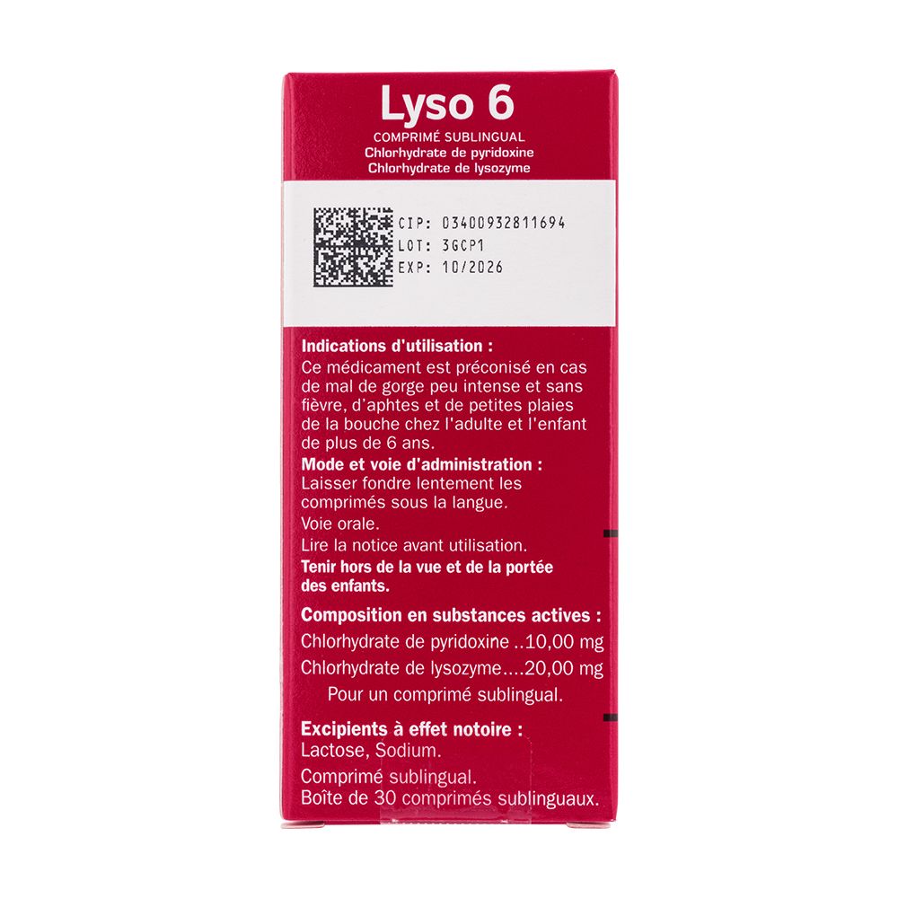 Boîte rouge, dos. Texte avec instructions et ingrédients. Date d'expiration : 10/2026.