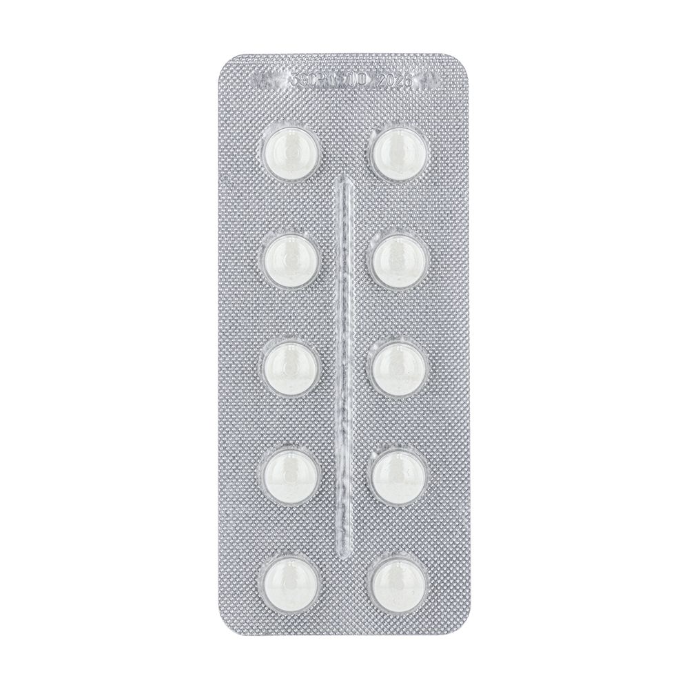 Plaquette de 10 comprimés. Les comprimés sont blancs et ronds. Emballage gris.