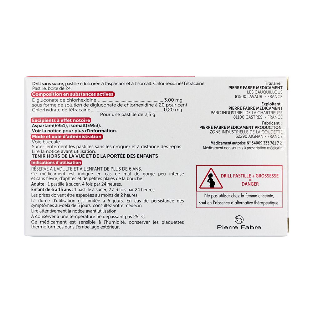 Dos de la boîte Drill. Informations sur les ingrédients, le dosage et les avertissements. Logo Pierre Fabre.