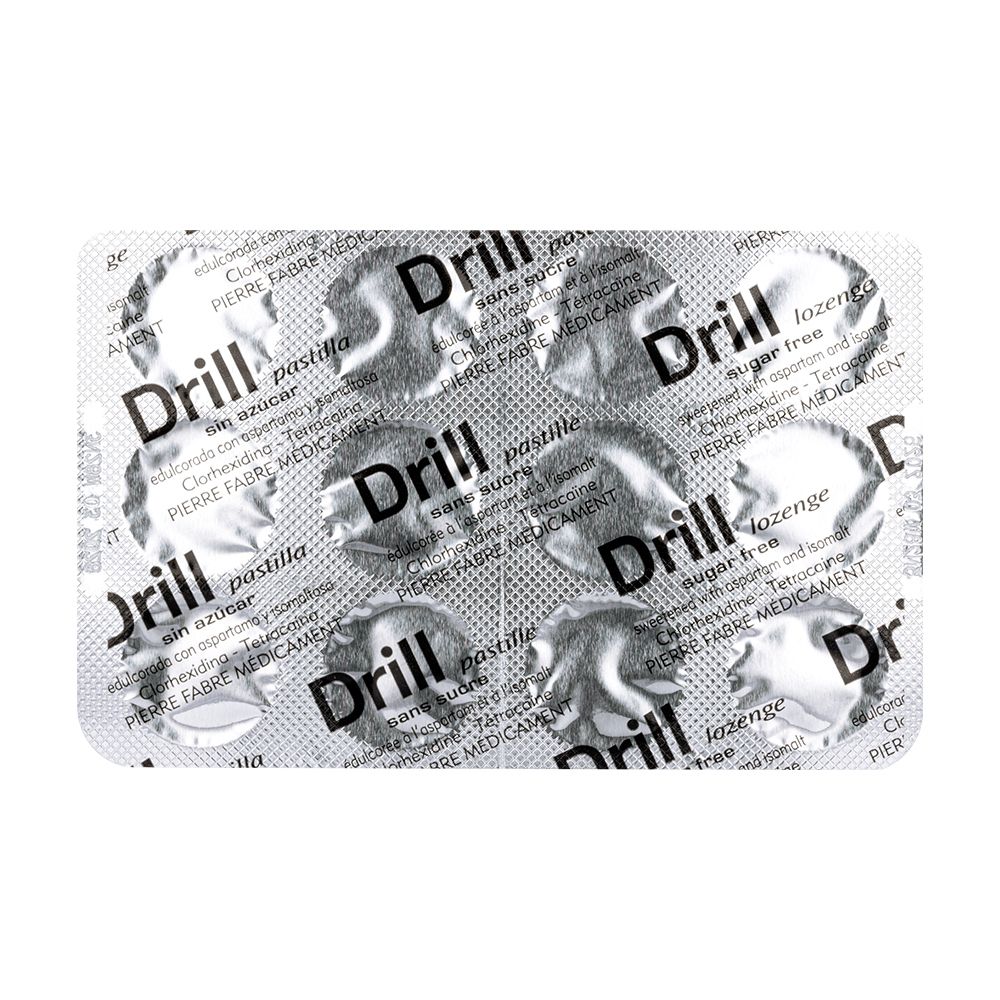 Plaquette de pastilles Drill. Pastilles individuelles dans des alvéoles. Logo et nom Drill.