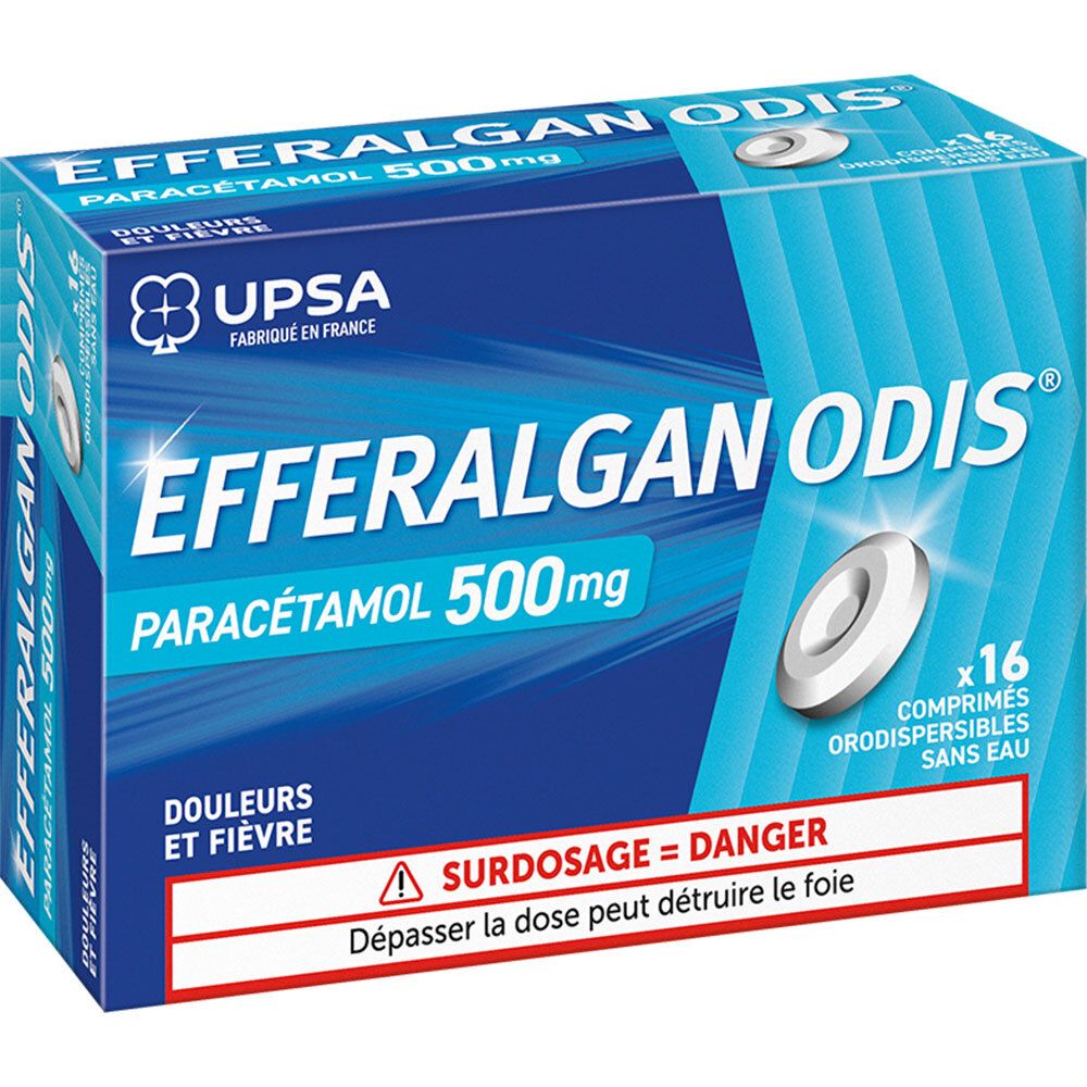 Boîte bleue et blanche EFFERALGAN ODOS, Paracétamol 500mg. Contient 16 comprimés. Avertissement : Surdosage = Danger.