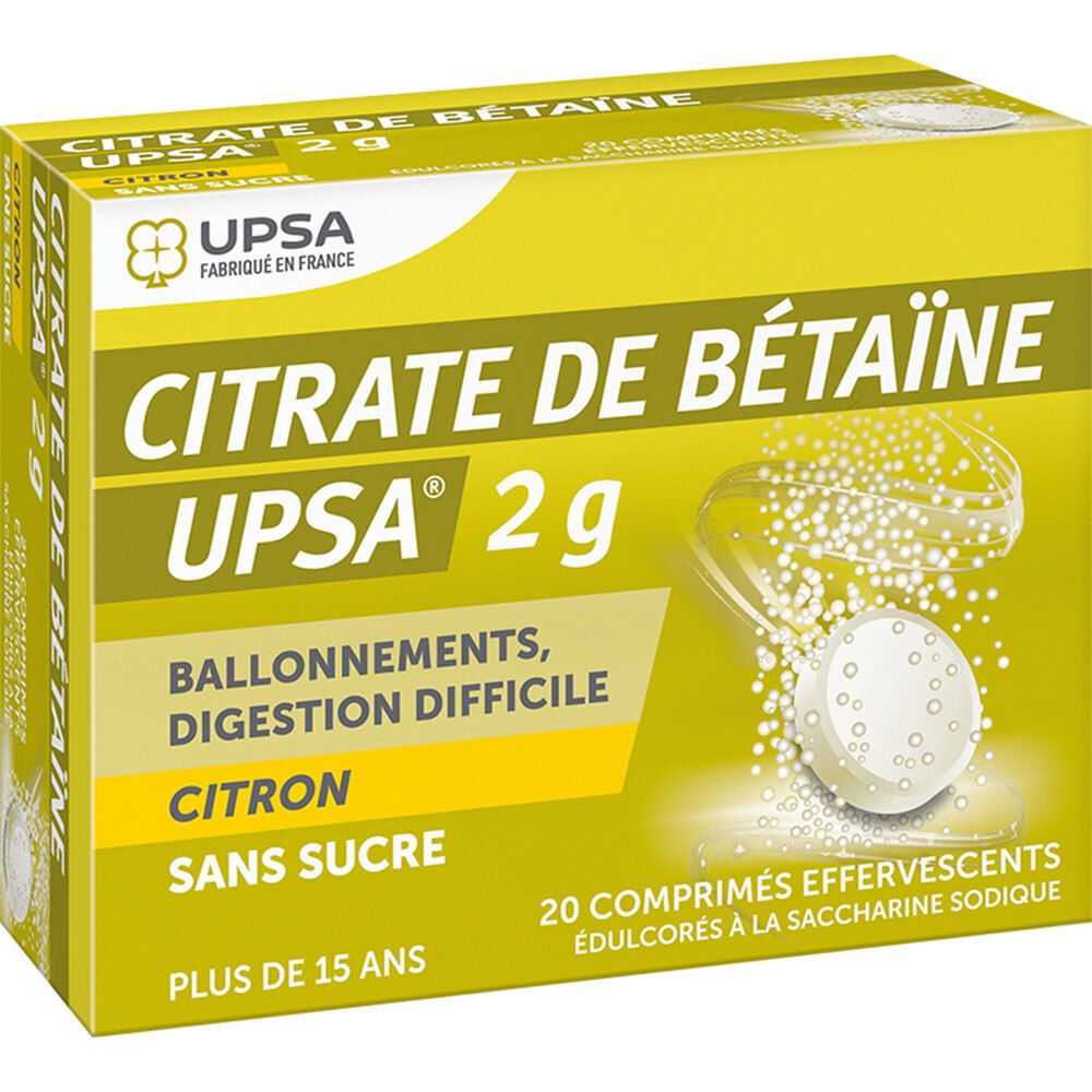 Boîte jaune CITRATE DE BÉTAÏNE UPSA 2g. Inscription: Ballonnement, Digestion difficile, Citron, Sans sucre. 20 comprimés effervescents.