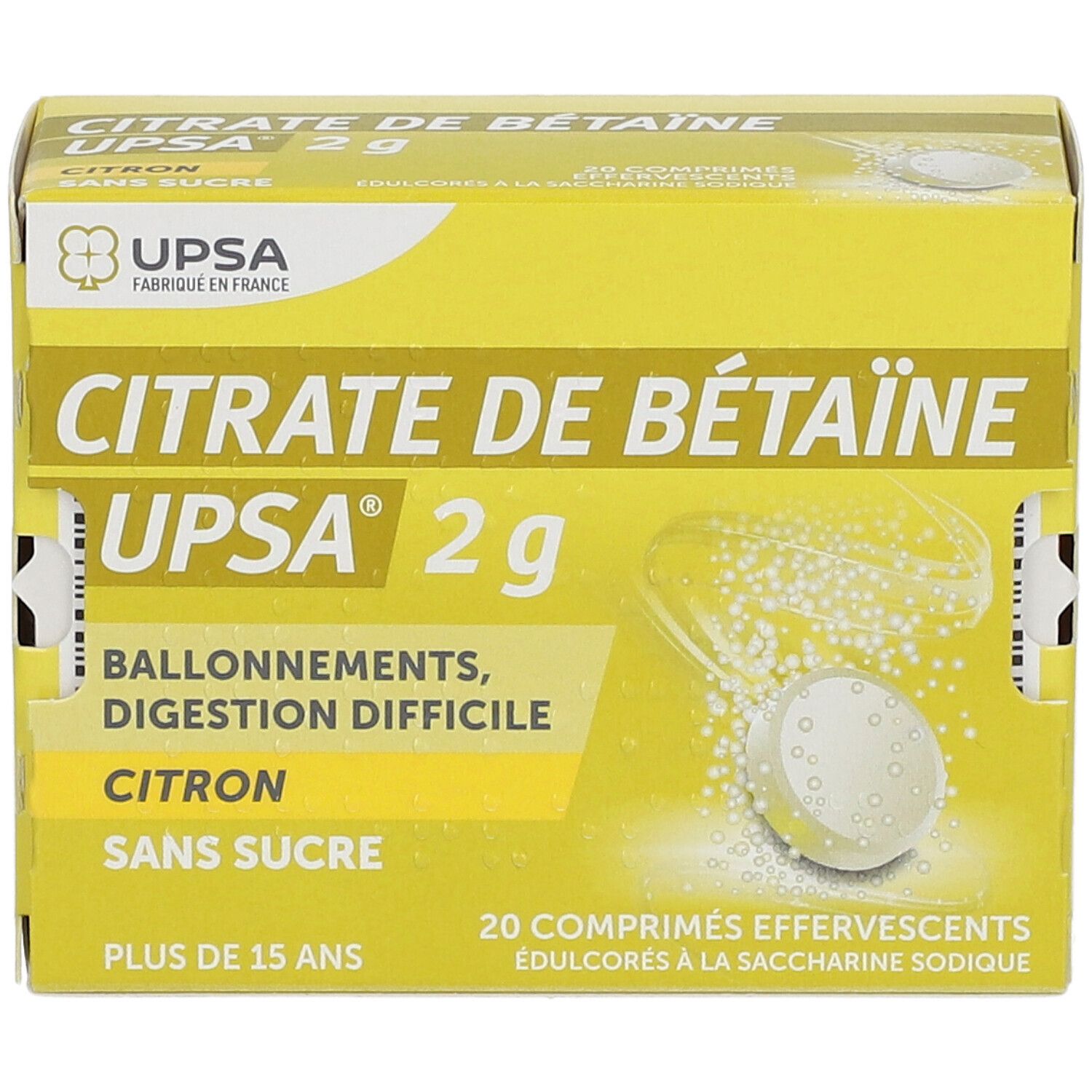 CITRATE DE BETAINE CITRON UPSA 2G SANS SUCRE, comprimé effervescent édulcoré à la saccharine sodique