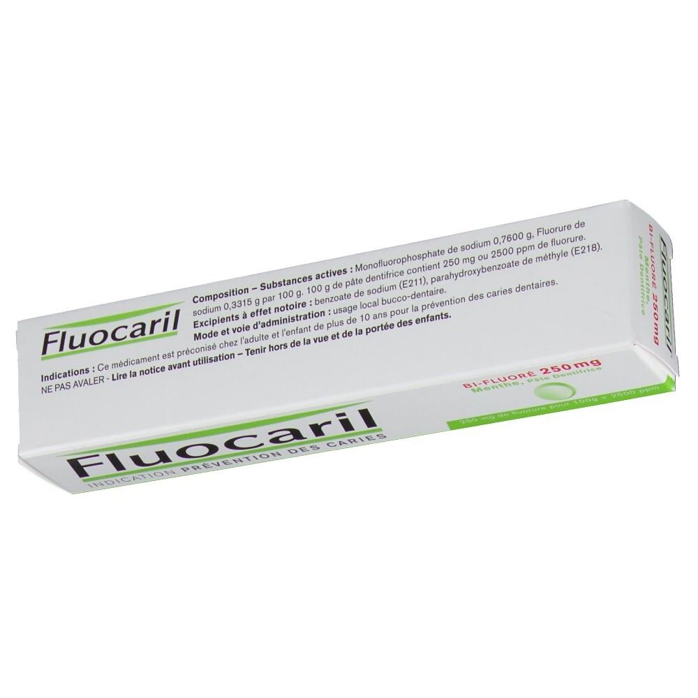 Boîte de dentifrice blanche et verte. Texte: Composition, ingrédients actifs, indications. Inscription Fluocaril, Bi-Fluoré 250mg.