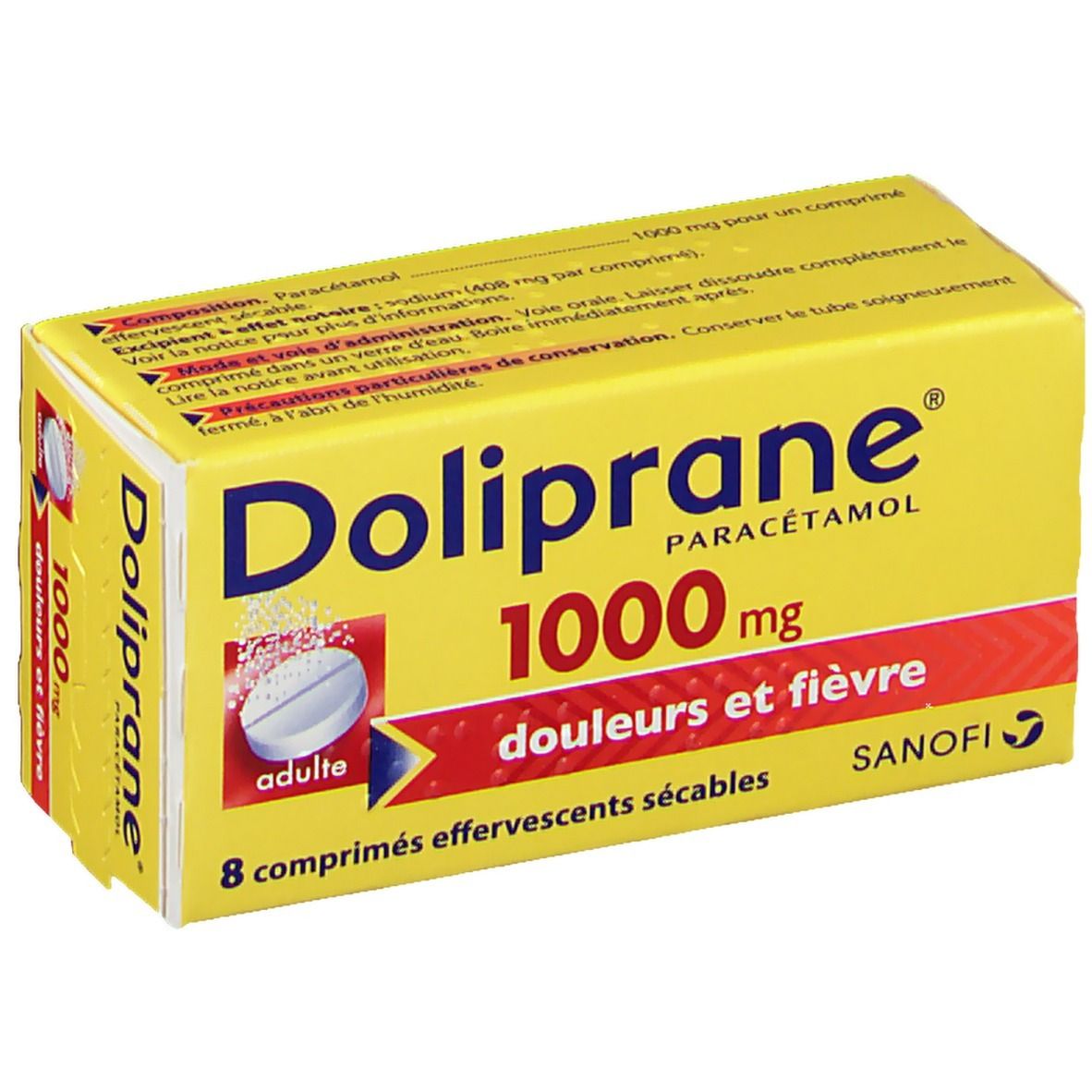 Boîte jaune Doliprane Paracétamol 1000 mg. Contient 8 comprimés. Inscription: douleurs et fièvre. Sanofi.