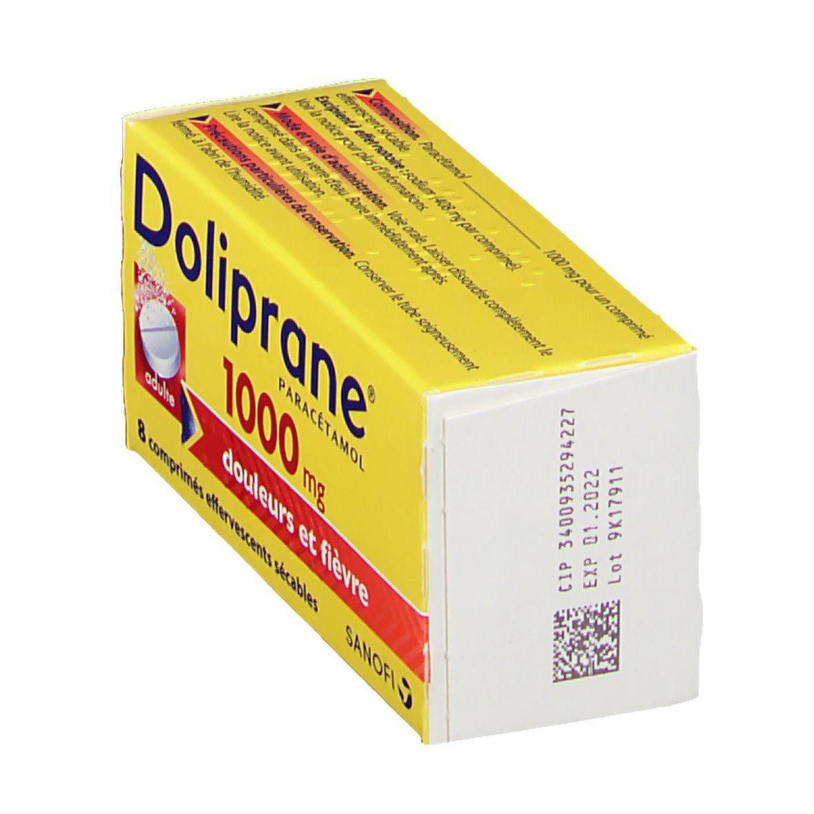 Boîte jaune Doliprane Paracétamol 1000 mg. Contient 8 comprimés. Inscription: douleurs et fièvre. Sanofi. Informations au dos.