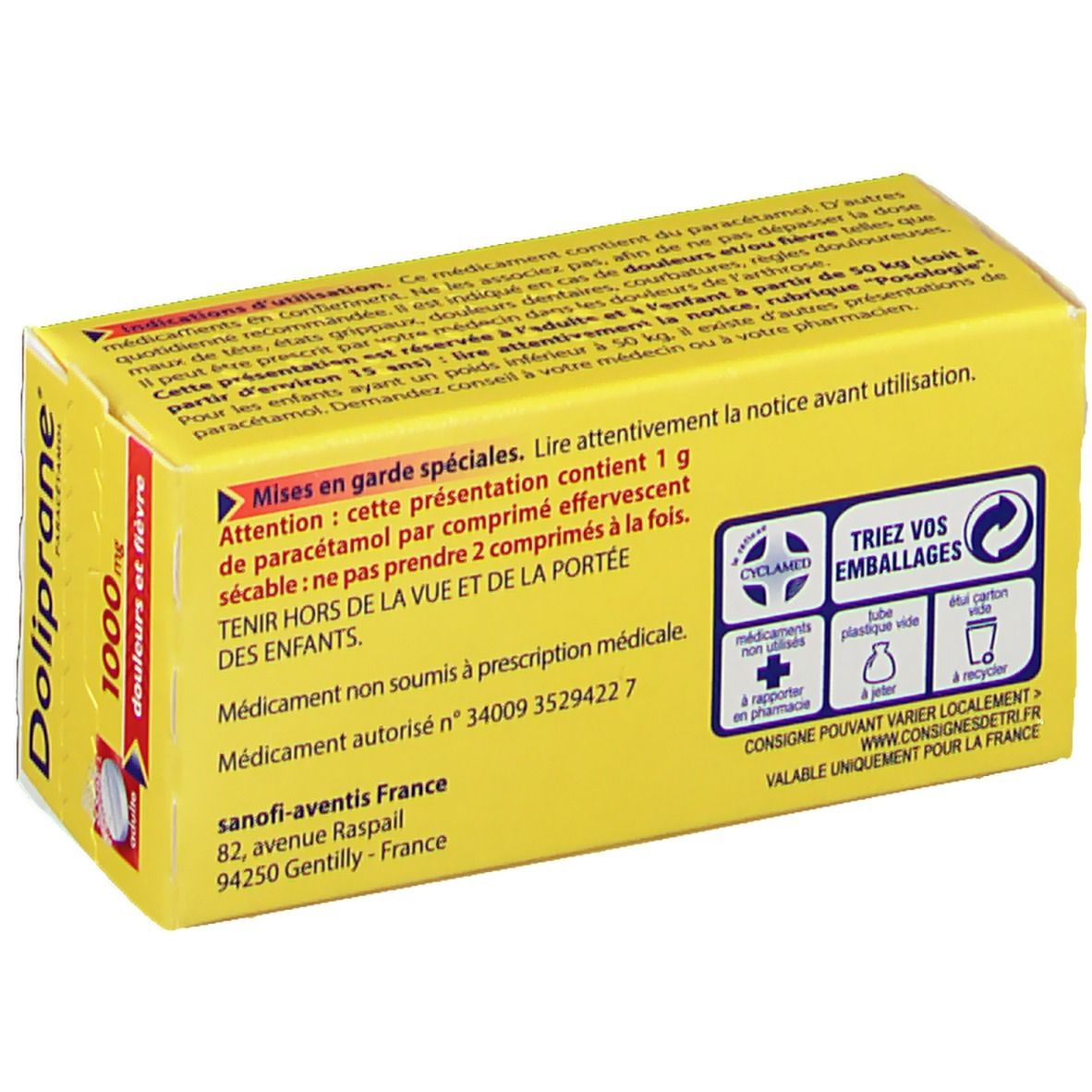 Dos de la boîte jaune Doliprane Paracétamol 1000 mg. Informations textuelles et symboles de recyclage.
