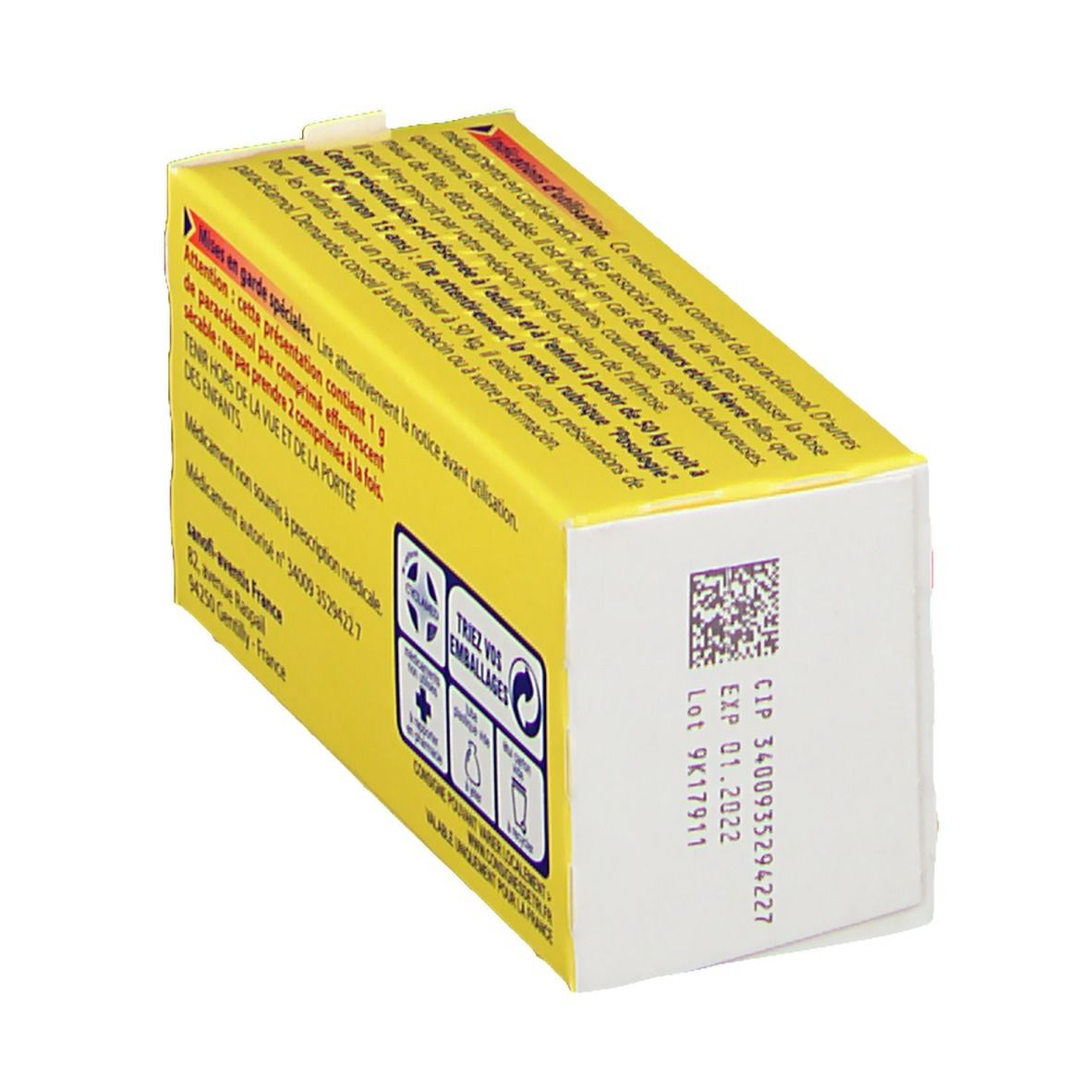 Boîte Doliprane Paracétamol 1000 mg. Dos avec texte et symboles de recyclage. Code et date de péremption.