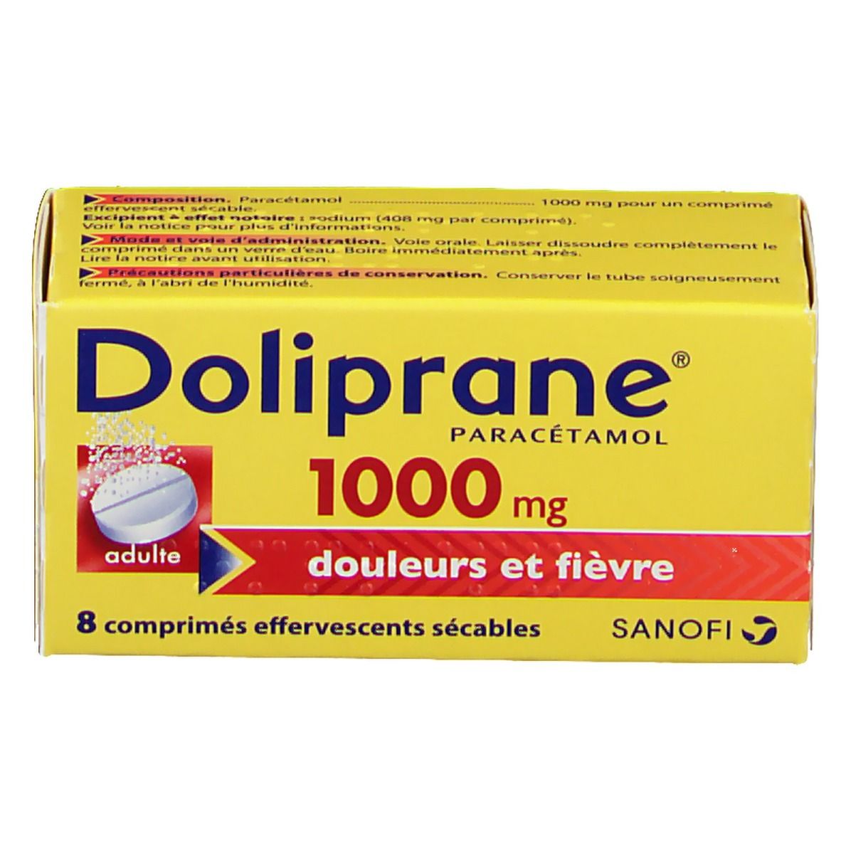 Boîte jaune Doliprane Paracétamol 1000 mg. Contient 8 comprimés. Inscription: douleurs et fièvre. Sanofi.