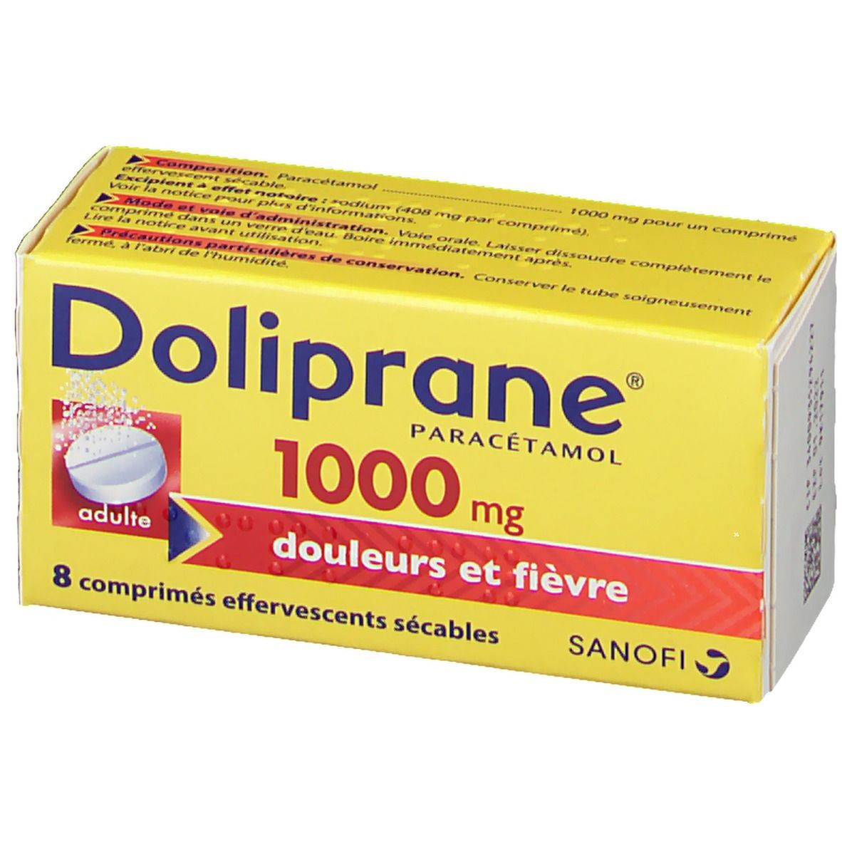 Boîte jaune Doliprane Paracétamol 1000 mg. Contient 8 comprimés. Inscription: douleurs et fièvre. Sanofi.