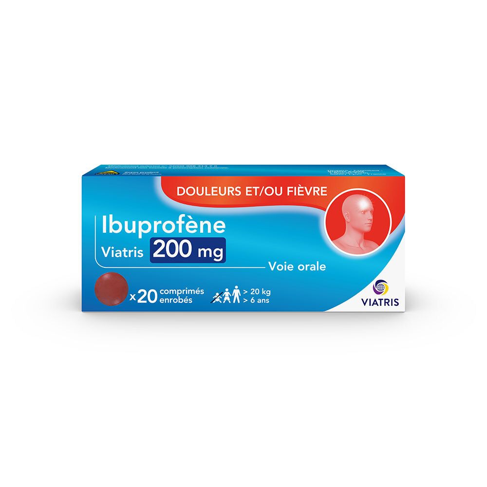 Boîte bleue et blanche d'Ibuprofène 200 mg. Contient 20 comprimés. Logo Viatris.