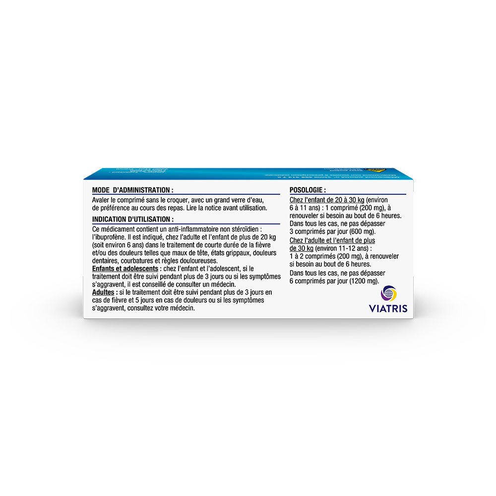 Dos de la boîte d'Ibuprofène. Texte sur la posologie et l'utilisation. Logo Viatris.