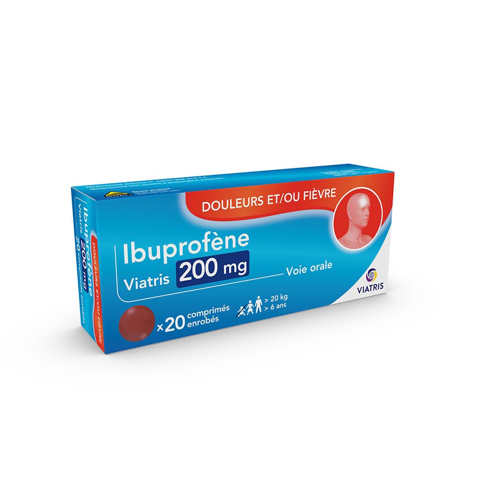 Boîte bleue et blanche d'Ibuprofène 200 mg. Contient 20 comprimés. Logo Viatris.