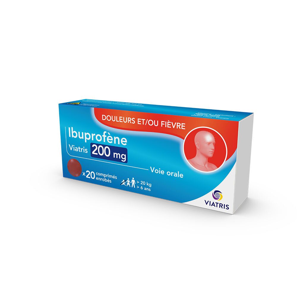 Boîte bleue et blanche d'Ibuprofène 200 mg. Contient 20 comprimés. Logo Viatris.