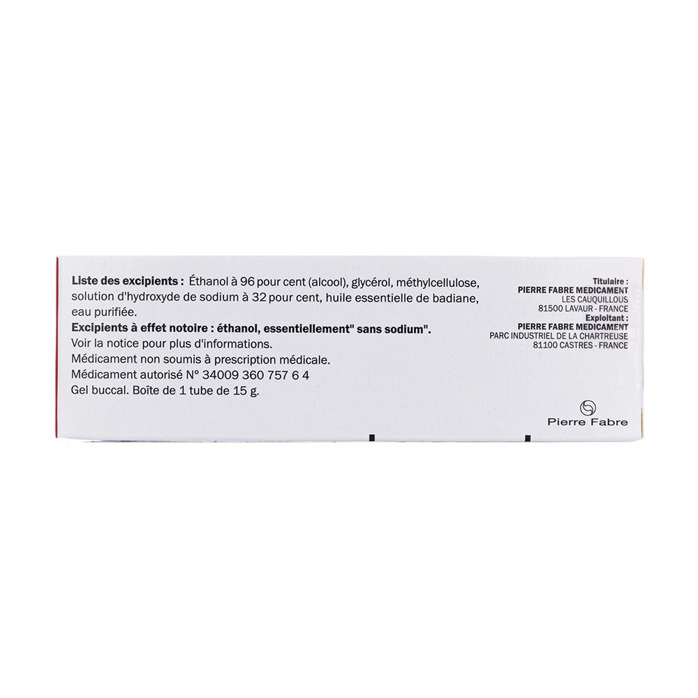 Dos de la boîte Pansoral. Ingrédients et informations fabricant. Pierre Fabre.