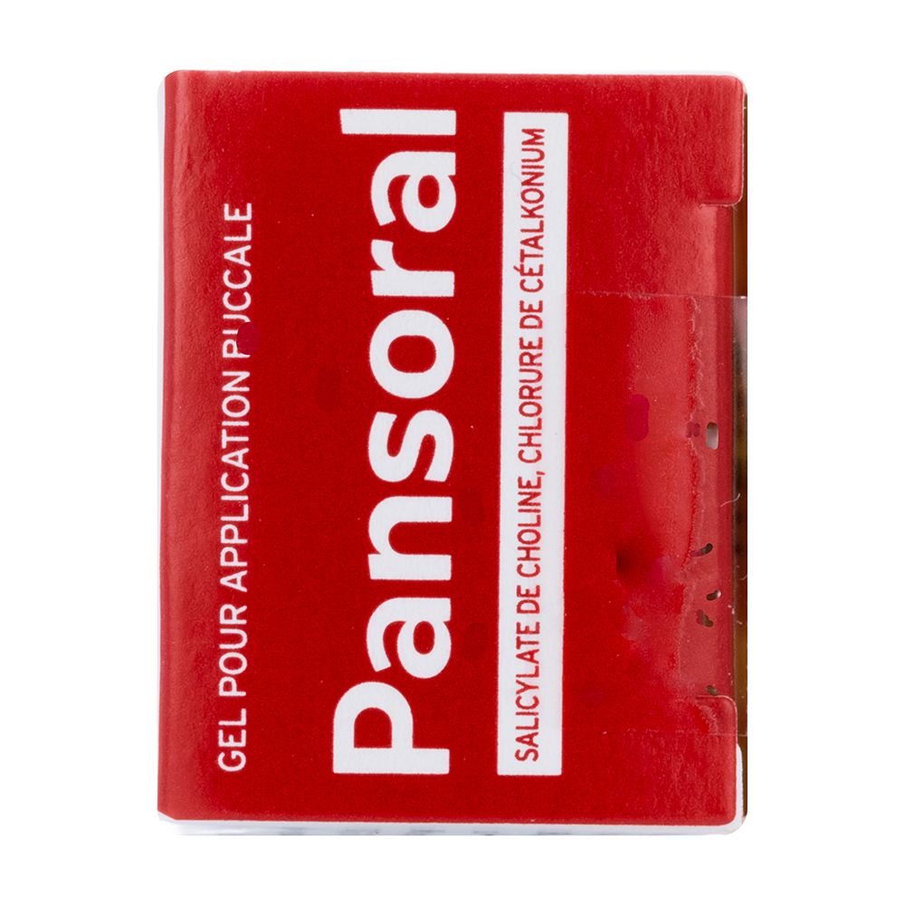 Boîte Pansoral. Boîte rouge avec nom et ingrédients du produit. Gel pour application.