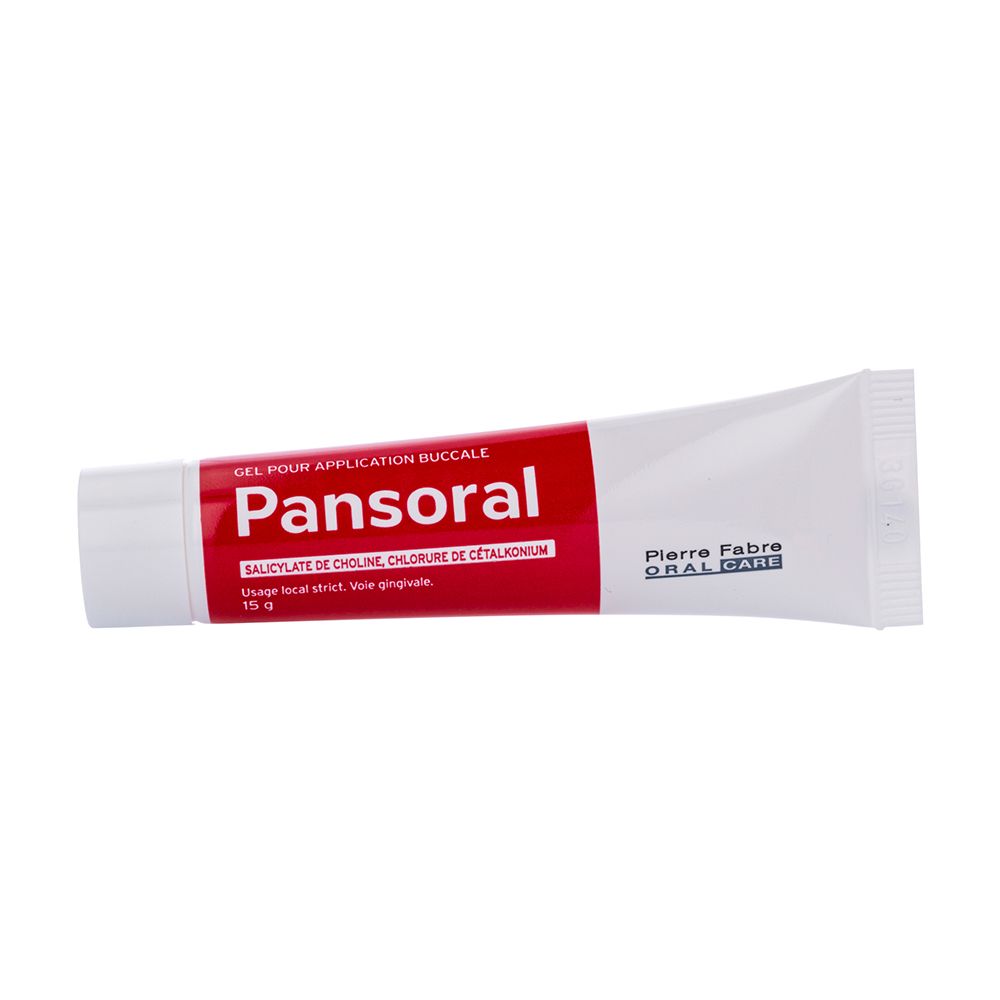 Tube de gel Pansoral. Blanc avec bande rouge, nom et ingrédients. Pierre Fabre Oral Care.