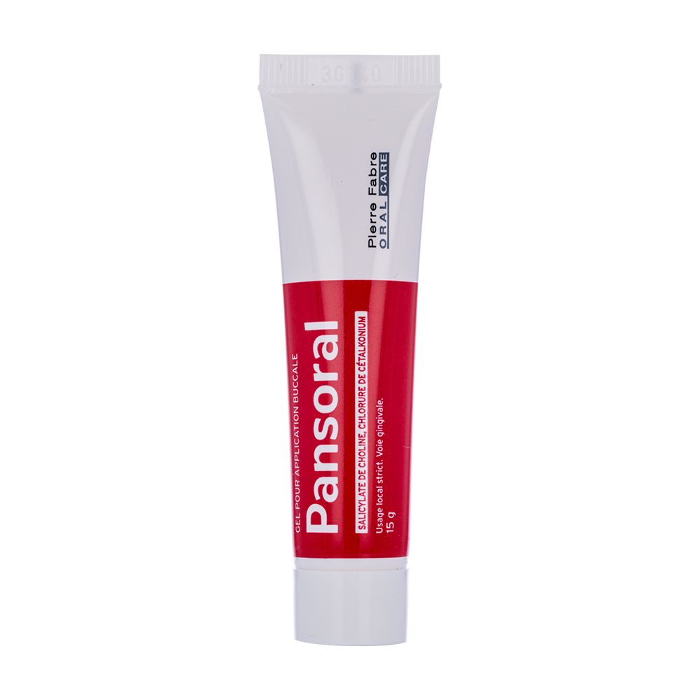 Tube de gel Pansoral. Blanc avec bande rouge, nom et ingrédients. Pierre Fabre Oral Care.