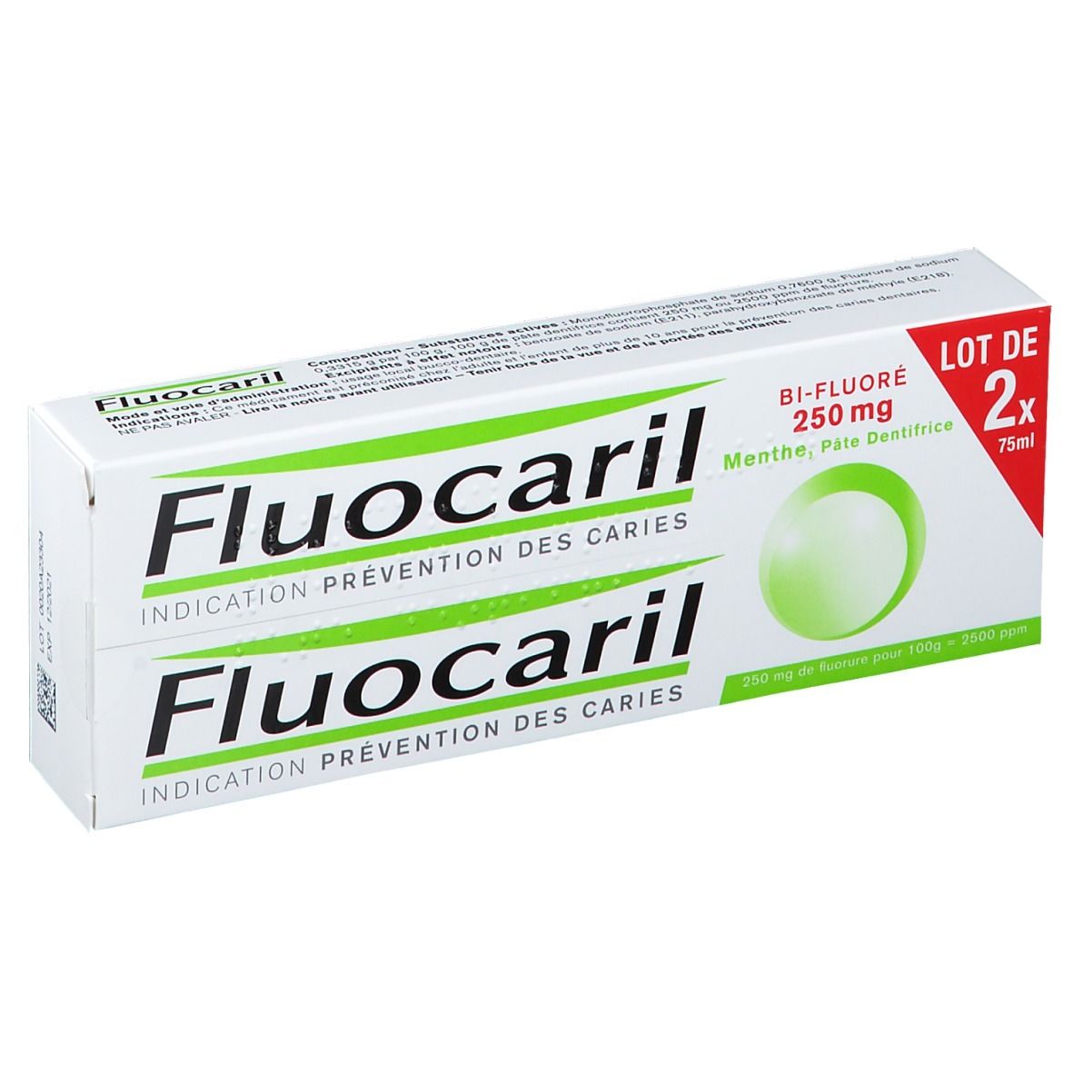 Boîte de dentifrice Fluocaril. Inscription: Bi-Fluoré 250 mg, Menthe, Pâte Dentifrice. Contient deux tubes.