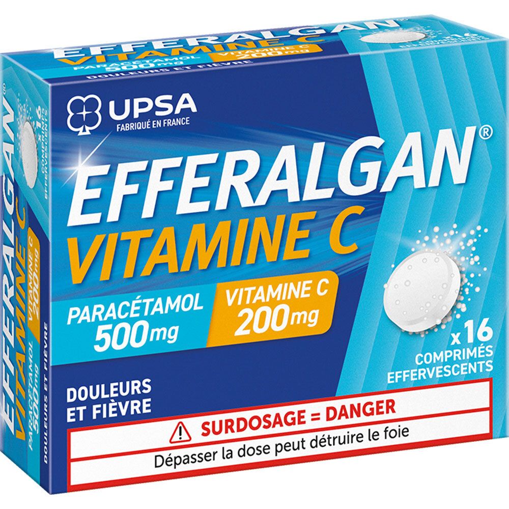 Boîte bleue et blanche EFFERALGAN Vitamine C. Contient 16 comprimés effervescents. Inscription: Paracétamol 500mg, Vitamine C 200mg.